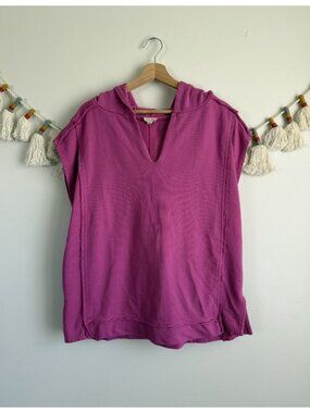 Anthropologie Pilcro Fuscia Pink V-neck Cap Sleeve Hooded Sweatshirt Oversized S